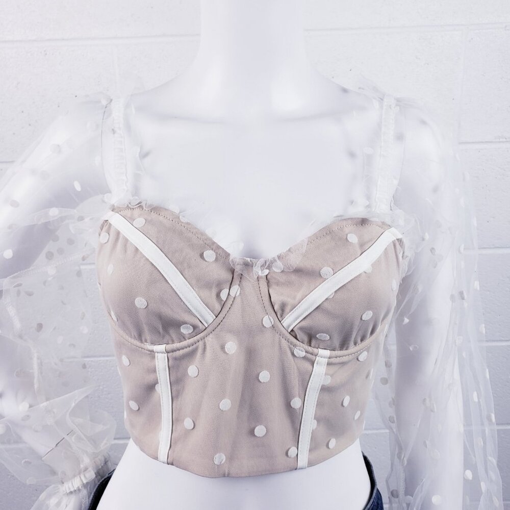 Runaway The Label Bustier Corset Top Size 4 Beige Polka Dot Tulle Sheer Sleeves - Picture 4 of 10
